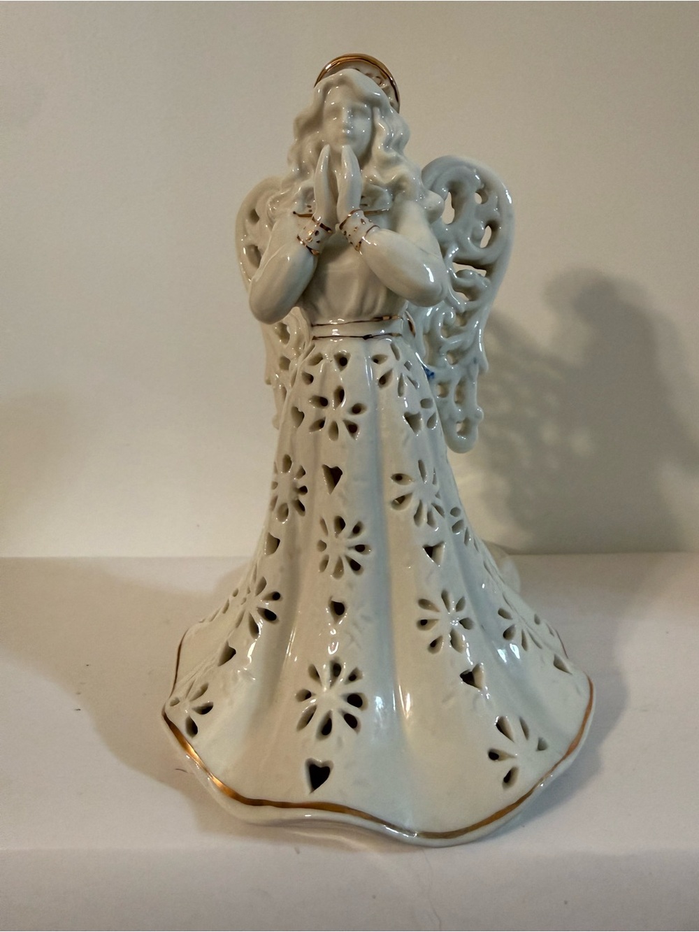 Candle Holder Ceramic Angel Figurine with Gold Trim 8 inches tall